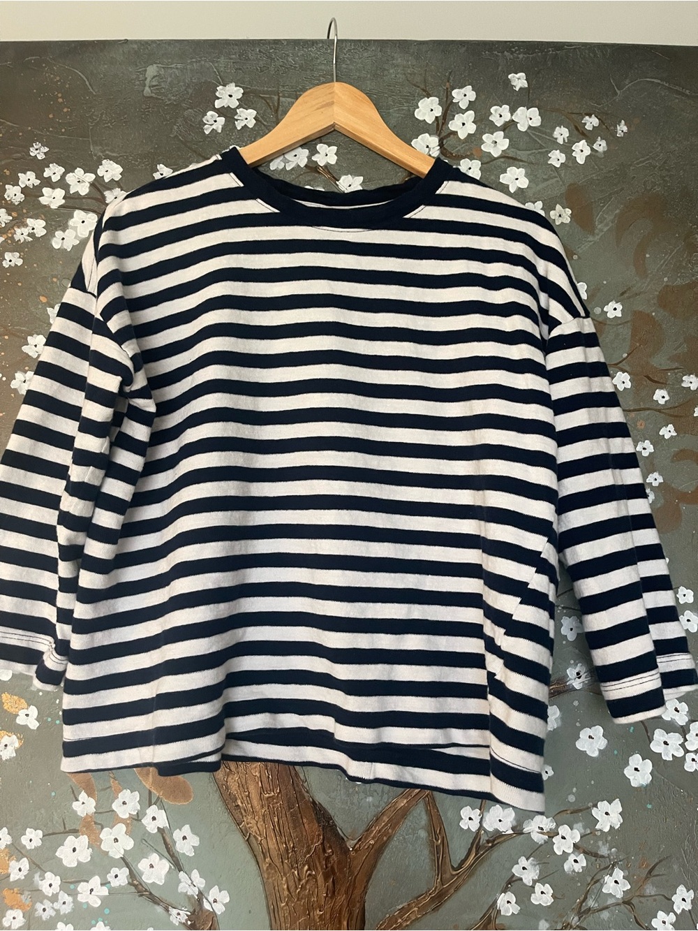 Breathable cotton Navy and White Striped Crewneck Top